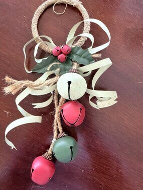 Rustic Jute Christmas Bell Ornament With Red & Green Bells Holly Leaves & Ribbon